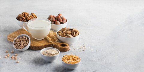 Vegetable milk in a mug on the background of bowls with nuts, oatmeal and legumes. Copy space.