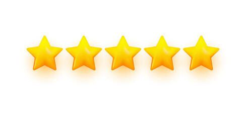 Five stars, glossy yellow color. Realistic 3d design of the object. Vector illustration