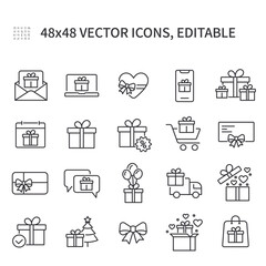 Simple vector line icons related to gift boxes. Contains such icons as heart shaped gift, bow, balloons, discounts, gift phone, and more.