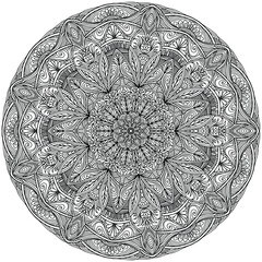 oriental mandala in folk style with flowers and ornaments for coloring on a white background, vector book page