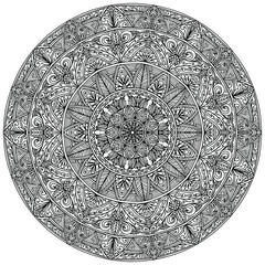mandala decorated with plants and figures in folk style on a white background for coloring, vector book page