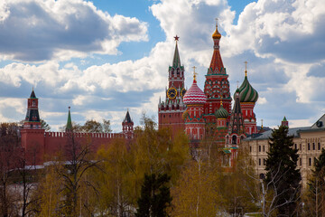 View of the center of Moscow. Basil's Cathedral against the backdrop of the Kremlin wall
