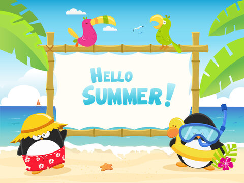 Cute Penguin With Billboard Enjoying Summer And The Beach