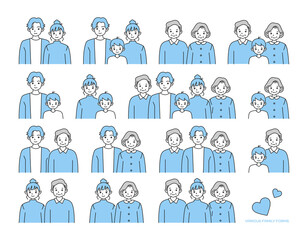 様々な家族のかたちのイラスト. 親子や夫婦, 一人親の組み合わせ. 結婚と離婚. 子育てと介護.