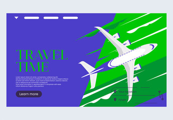 Vector illustration of a banner template for a website travel time, a flying plane in the clouds top view above the ground