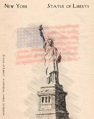 Statue of Liberty abstract patriotic american fourth of july red Flag, paper background.