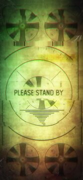 Please stand by message on glitchy vintage screen, warning, loopable. Vertical video background