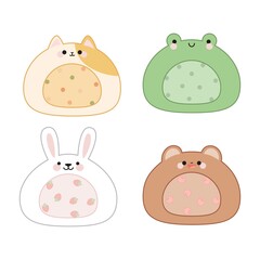 Set of four cute mochi in kawaii style. Cat, bear, rabbit, frog.