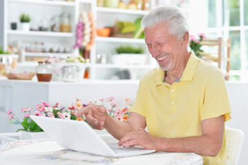 Portrait of beautiful senior man using laptop at home