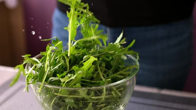Healthy lifestyle - Woman pouring arugula into glass bowl