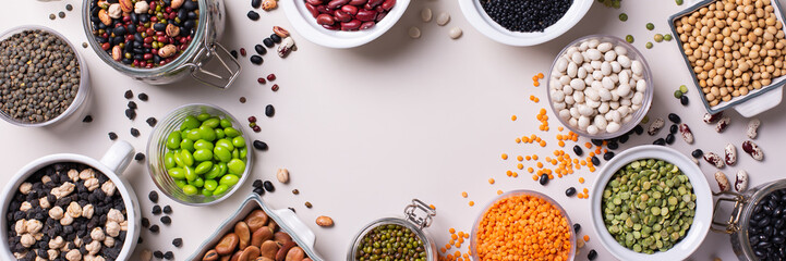 Variety of legumes, lentils, beans, plant based vegan protein source