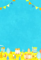  夏の街並みと人々のベクターイラスト背景(バナー,ポスター,街並み,人々,青空,空)  © Honyojima