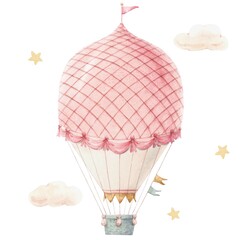 Beautiful image with cute watercolor hand drawn retro vintage air balloon with flags. Stock illustration.