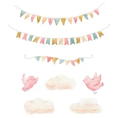 Beautiful set with cute watercolor hand drawn flags birds and clouds. Stock clip art illustration