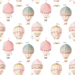Beautiful seamless pattern with cute watercolor hand drawn retro vintage air balloons with flags. Stock illustration.