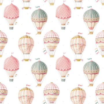 Beautiful seamless pattern with cute watercolor hand drawn retro vintage air balloons with flags. Stock illustration.