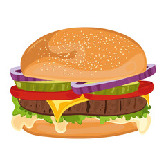Vector illustration of burger with delicious meat, tomatoes, and vegetables. Fast Food. 