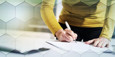 Businesswoman signing document, light effect, geometric pattern