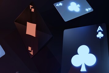 Glowing casino cards game on dark black background - 3d render. Flying cards for online casinos and mobile gambling applications, poker - winner, wealth concept.
