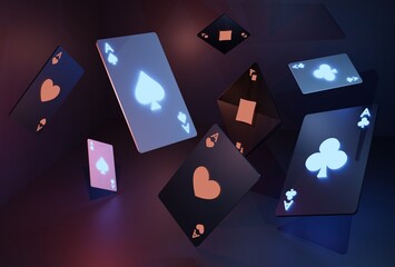 Glowing casino cards game on dark black background - 3d render. Flying cards for online casinos and mobile gambling applications, poker - winner, wealth concept.