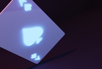 Glowing casino cards game on dark black background - 3d render. Flying cards for online casinos and mobile gambling applications, poker - winner, wealth concept.