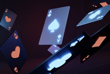 Glowing casino cards game on dark black background - 3d render. Flying cards for online casinos and mobile gambling applications, poker - winner, wealth concept.