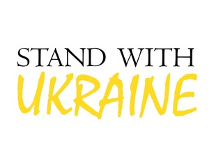 Ukraine text vector illustration. Stand with Ukraine. Lettering support Ukraine from Russia. Ukrainian flag blue and yellow colors.