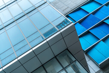 Outdoor financial district office building facade and partial view