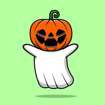 Cute Ghost Pumpkin Halloween Cartoon Vector Icon Illustration. Halloween Character Icon Concept Isolated Premium Vector.