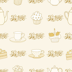 Tea time hand drawn seamless pattern with lettering, teacups and cakes on light beige background.
