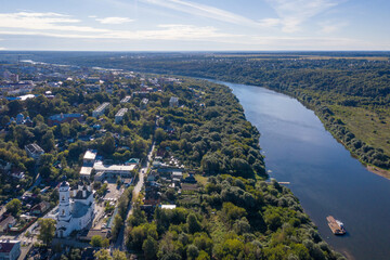 Aerial view of Kaluga town; Oka river and Kazan church on summer sunny day. Kaluga Oblast, Russia.