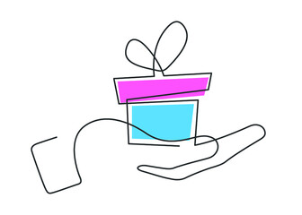 Continuous line drawing of hand holding a gift box. Vector illustration