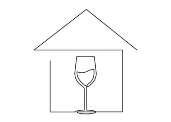 Continuous one line drawing of wine glass inside house. Vector illustration