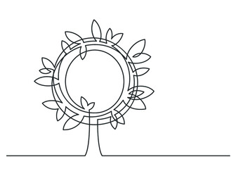 Continuous line drawing of round tree  with empty center for text or logo on white background. Vector illustration.