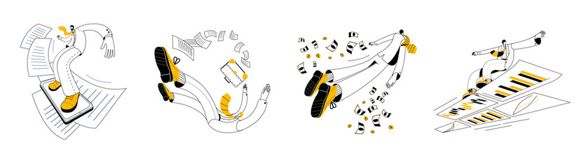 Businessmen in business suits fly off into the distance, surf and fall. A set of vector business illustrations in a linear style.
