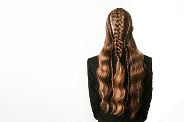 Woman from behind with braids in her hair photo white background with copy space. Pretty blonde...