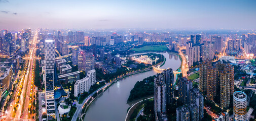 Aerial photography night view of modern buildings in Chengdu High-tech Zone