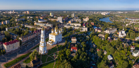 Panoramic aerial view of Troitsky (Trinity) cathedral on sunny summer day. Bryansk, Bryansk Oblast, Russia.