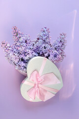 heart gift box with violet lilac tree flowers on abstract purple background. Gentle spring season, festive composition. romantic gift. top view.