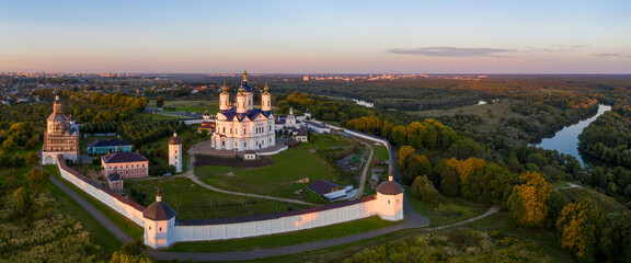 Panoramic aerial view of Svensky Uspensky Monastery on summer sunset. Suponevo, Bryansk Oblast, Russia.