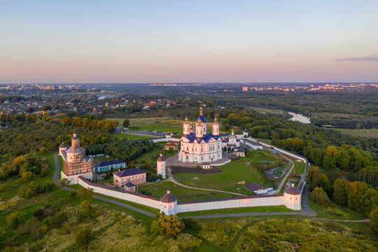 Sunset aerial view of Svensky Uspensky Monastery. Suponevo, Bryansk Oblast, Russia.