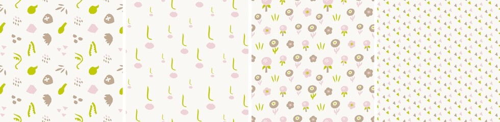 Collection of cute botanical seamless patterns. Spring summer abstract illustrations. Simple shape flowers. Vector set for fabric, textiles, wrapping