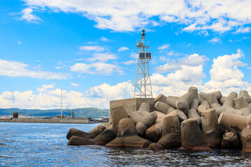 Modern lighthouse in a port of Nessebar, Bulgaria