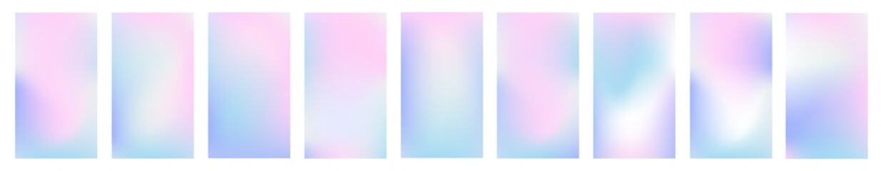 Social media story holographic gradient vector background set. Aesthetic iridescent pink and blue blurry illustration. Abstract mesh holography texture. Pearlescent backdrop, soft vertical wallpaper