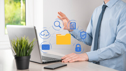 Document Management System DMS .Businessman hold folder and document icon.Software for archiving, searching and managing corporate files and information.Internet Technology Concept.Digital security