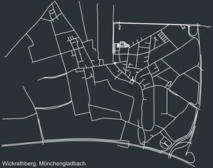 Detailed negative navigation white lines urban street roads map of the WICKRATHBERG DISTRICT of the German regional capital city of Mönchengladbach, Germany on dark gray background