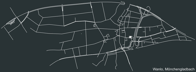 Detailed negative navigation white lines urban street roads map of the WANLO DISTRICT of the German regional capital city of Mönchengladbach, Germany on dark gray background