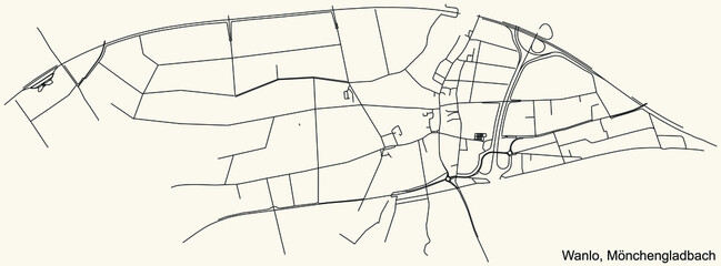 Detailed navigation black lines urban street roads map of the WANLO DISTRICT of the German regional capital city of Mönchengladbach, Germany on vintage beige background