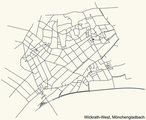 Detailed navigation black lines urban street roads map of the WICKRATH-WEST DISTRICT of the German regional capital city of Mönchengladbach, Germany on vintage beige background