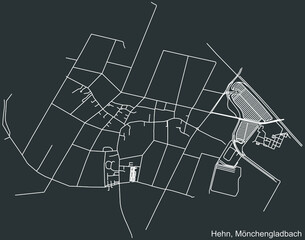Detailed negative navigation white lines urban street roads map of the HEHN DISTRICT of the German regional capital city of Mönchengladbach, Germany on dark gray background